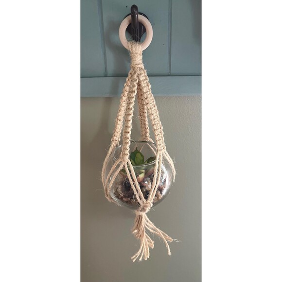 Handmade Hanging Macrame Plant Hanger with Faux Succulent in Glass Jar - Picture 2 of 6